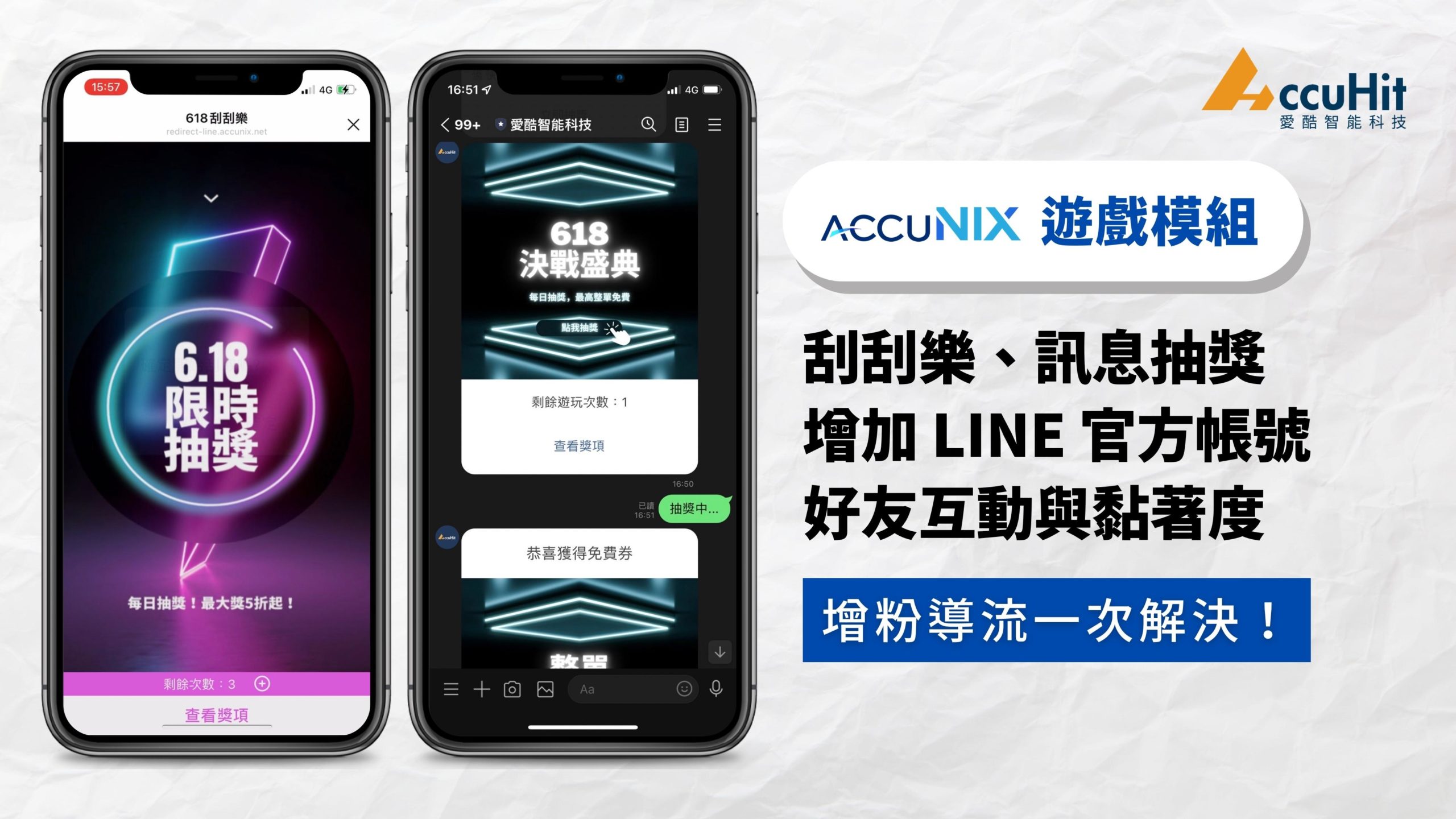 AccuNix「遊戲模組」刮刮樂、訊息抽獎，增加 LINE 官方帳號好友互動與黏著度，增粉導流一次解決！