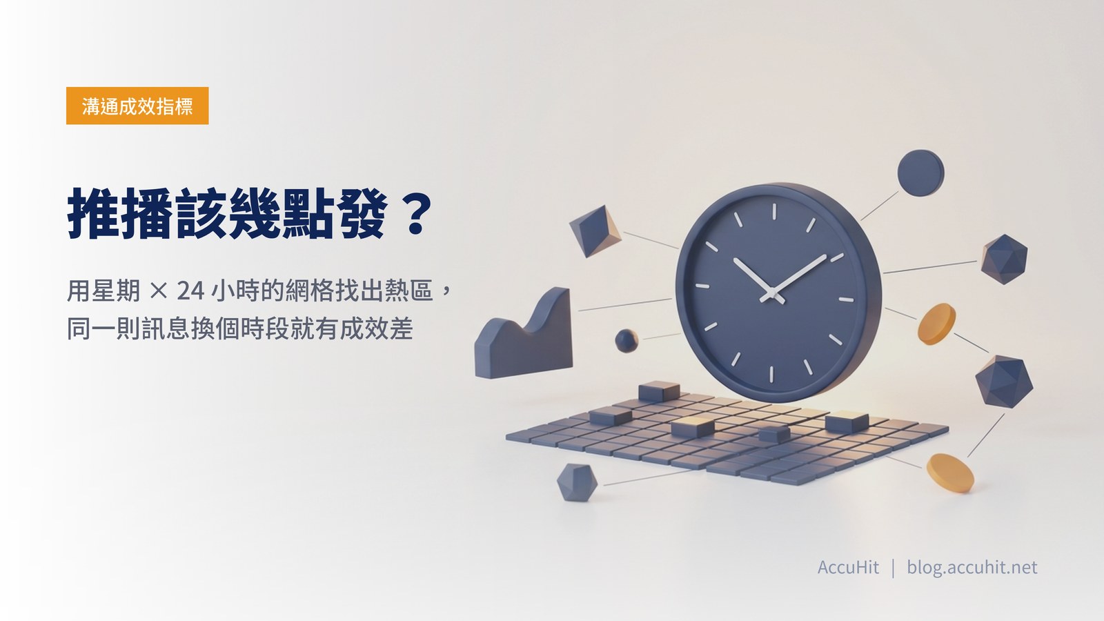 白底 3D 插畫：一面深藍霧面時鐘立在一塊由小方塊組成的網格板上，部分方塊被墊高並帶橘色高光，象徵星期乘以 24 小時的推播時段熱區