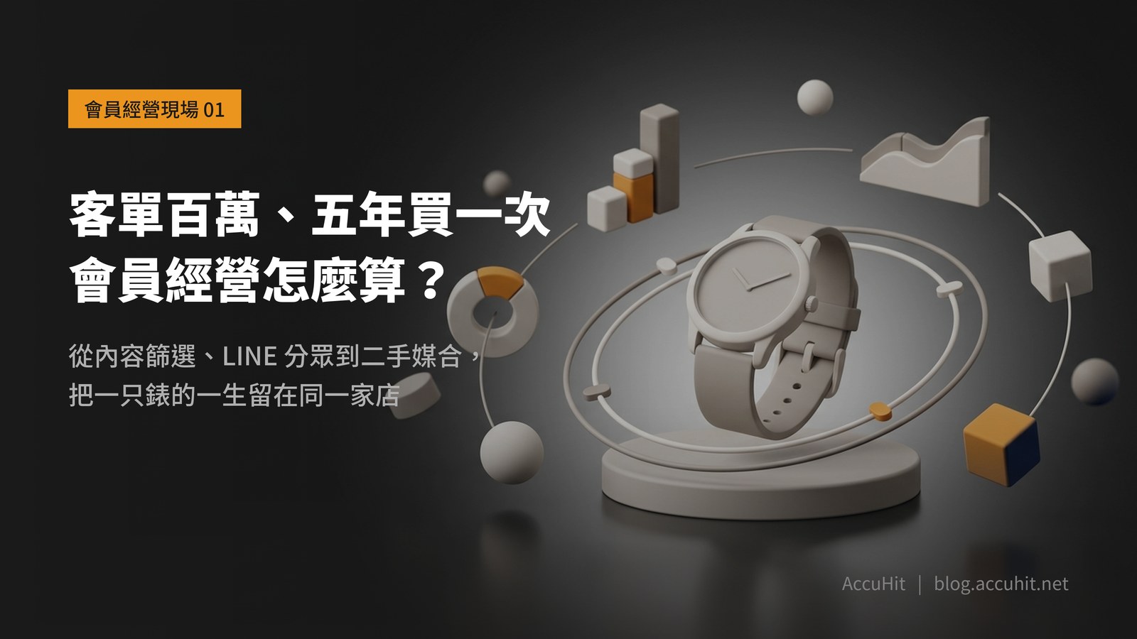 深色首圖：一只霧面腕錶立在圓形基座上，外圈環繞一圈軌道與數個霧面幾何小物件，代表一只錶在同一家店裡走完研究、選購、持有到換手的完整循環