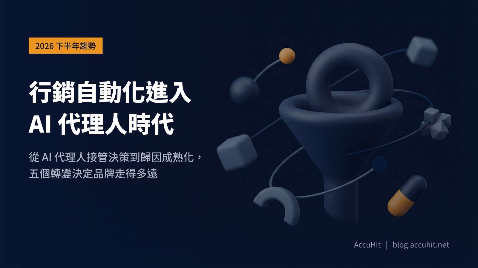 深藍底的柔和 3D 插畫：一只霧面漏斗，頸部向上彎回自己的開口形成閉環，周圍散落數個小方塊與球體，象徵行銷漏斗轉向持續循環的生命週期經營。