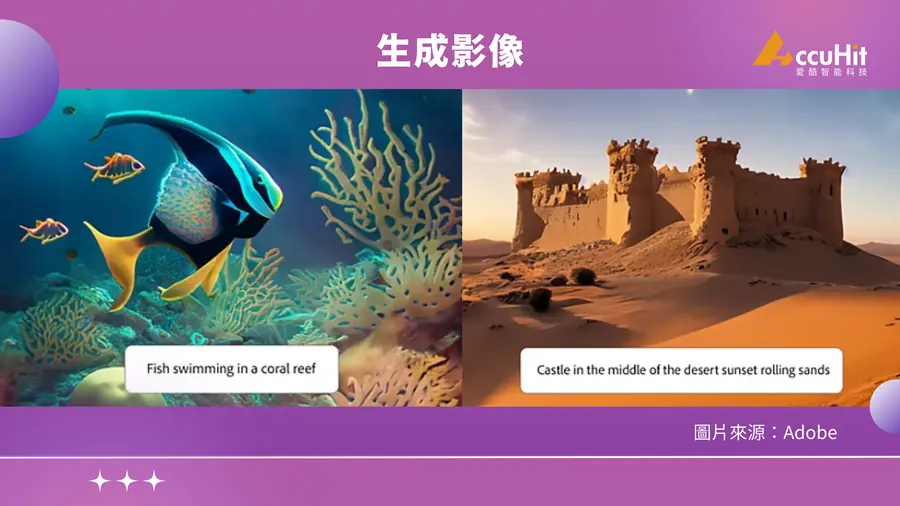 1. 生成影像：透過簡單的文字描述 Firefly 就能生成相對應的圖像，使用者可輸入完整影像的描述，包含主體的位置、環境的氛圍、視覺的呈現， Firefly 就能立即替你產出影像。