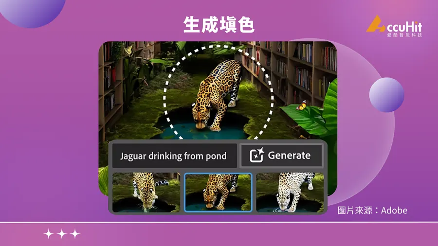 2.生成填色：使用者可以使用筆刷移除物件，或繪製新的物件，此功能可自動符合影像的透視、光源，短短幾秒內就能創造逼真且不受限制的影像。