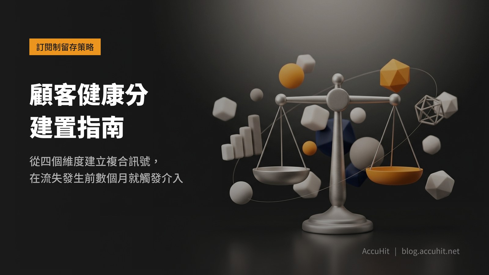 訂閱制品牌顧客健康分建置指南——天秤象徵四個維度加權計算成一個複合健康分數