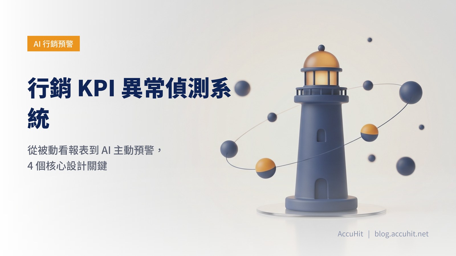 行銷 KPI 異常偵測系統首圖：白底燈塔 3D 插畫，代表主動預警監測機制