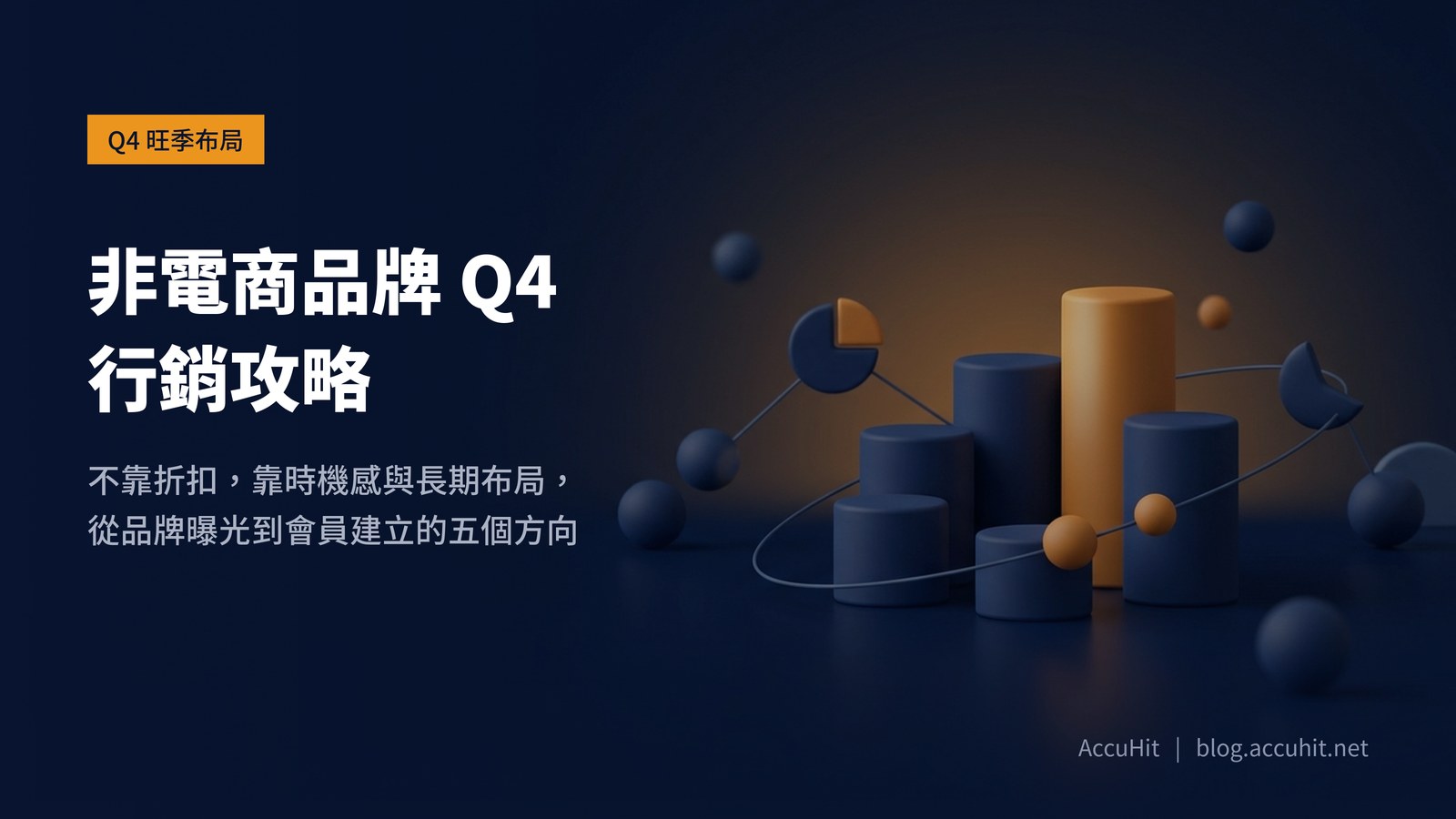 深藍底橘色漸高階梯柱，呈現非電商品牌 Q4 行銷五個策略方向的視覺概念圖
