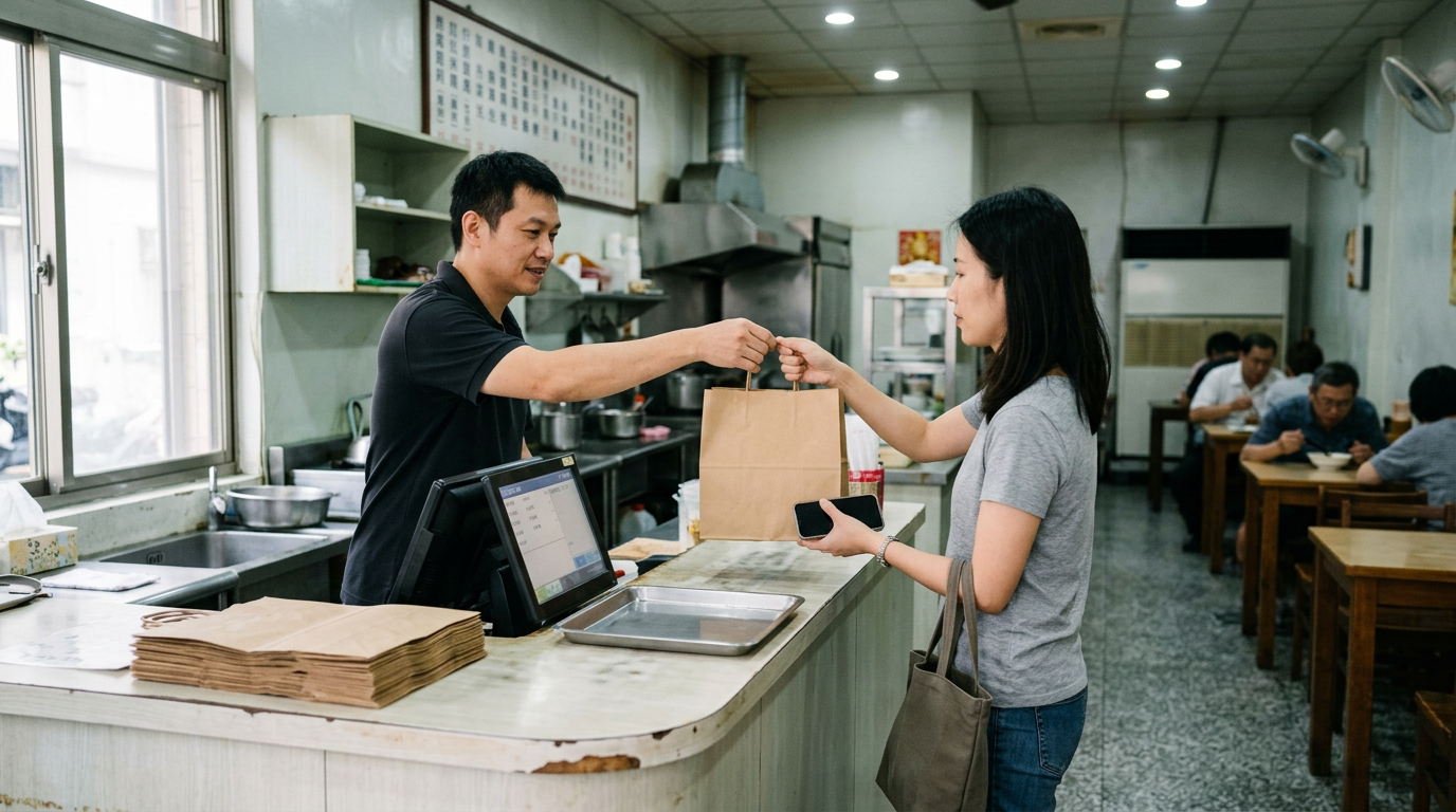 餐廳外帶櫃檯旁，服務人員將紙袋餐點交給顧客，兩人以中距離構圖呈現日常取餐過程。