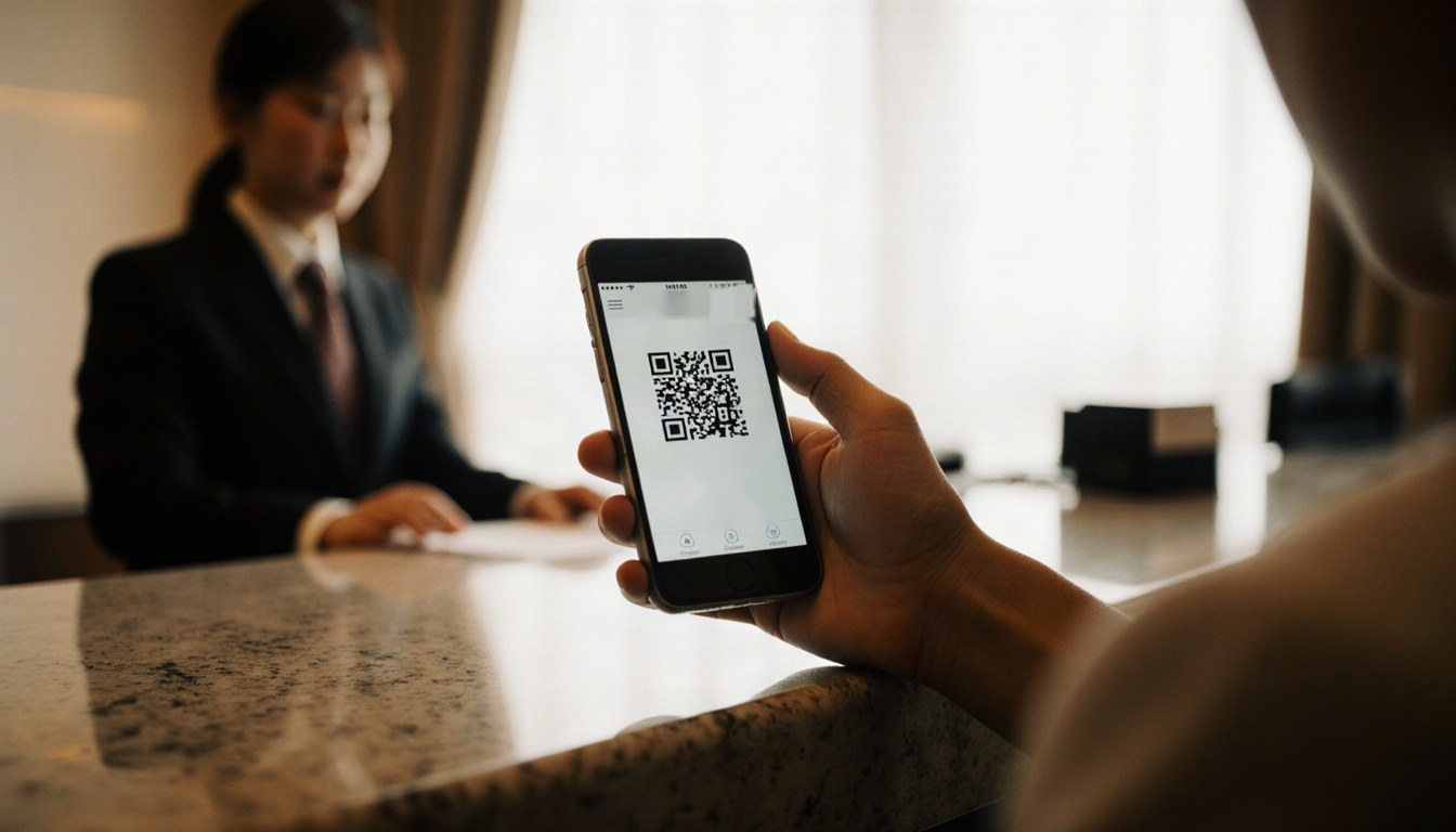 飯店櫃台前，賓客用手機出示 QR Code 電子票券兌換權益